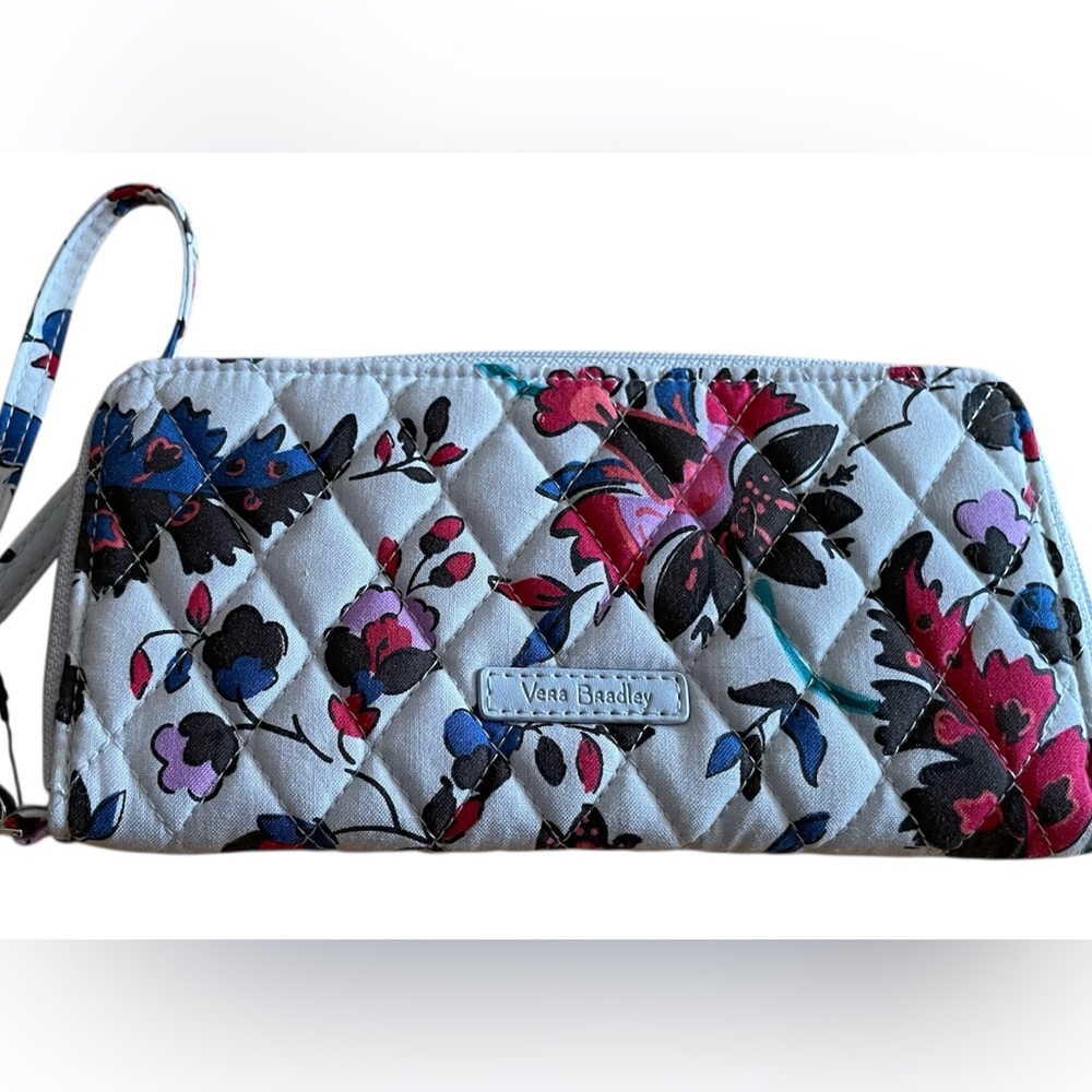 Vera Bradley Quilted Floral Wristlet in White, Pink, Blue & Black Accents. NWT!